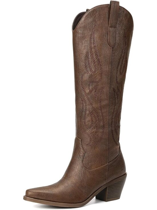 Shoes - Women's Bronze Pointed Toe Chunky Knee High Wide Calf Western Cowgirl Tall Boot